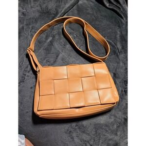 Alexis Bendel Tan Woven Flap Crossbody Bag Striped Lining Camel